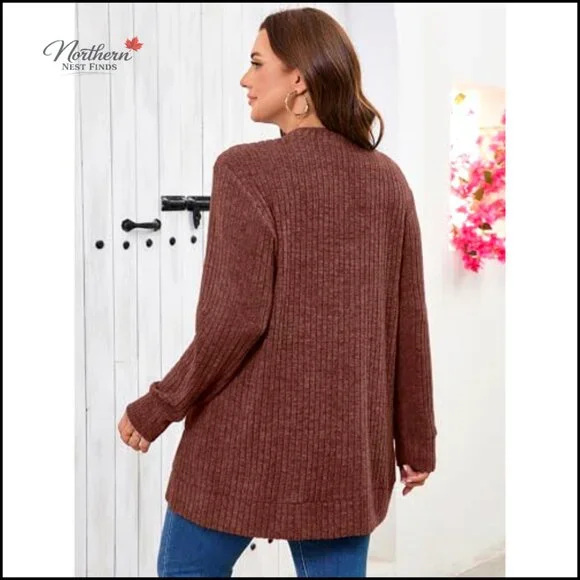 Plus Size Open Front Cardigan Sweater Lightweight Long Sleeve with Pockets - Picture 5 of 7